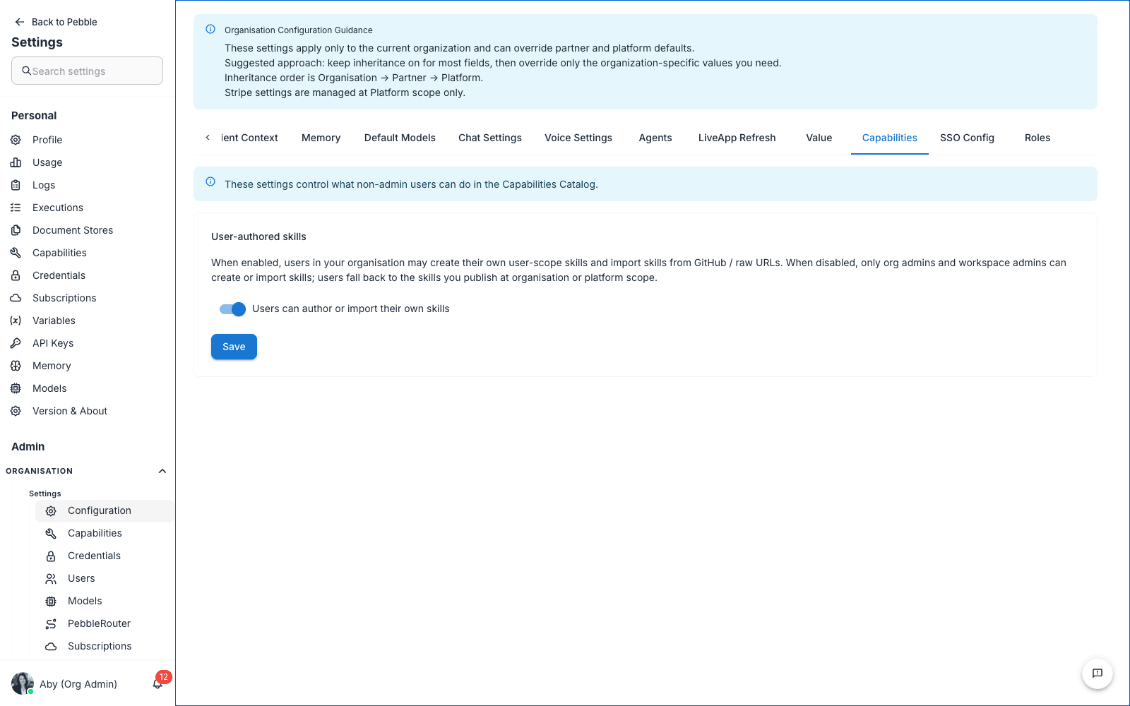 Capabilities settings with the User-authored skills switch