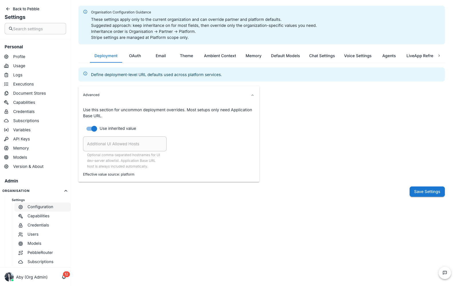 Deployment tab with Advanced host settings expanded