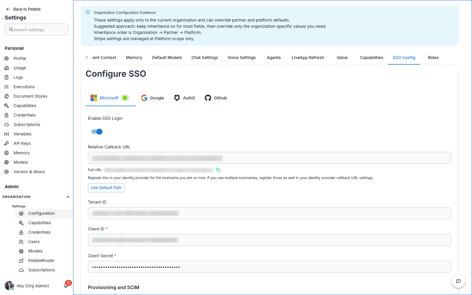 SSO Config tab