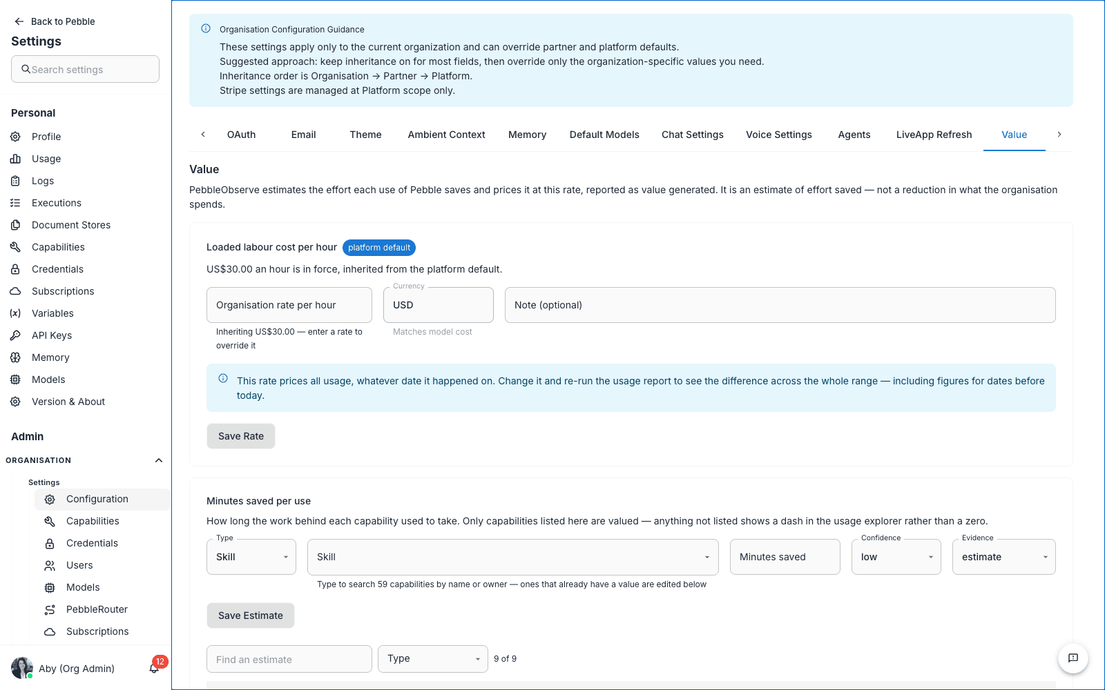 Value settings showing the inherited labour rate and per-capability estimates