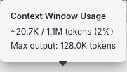 Context window usage tooltip showing token usage, capacity, and maximum output
