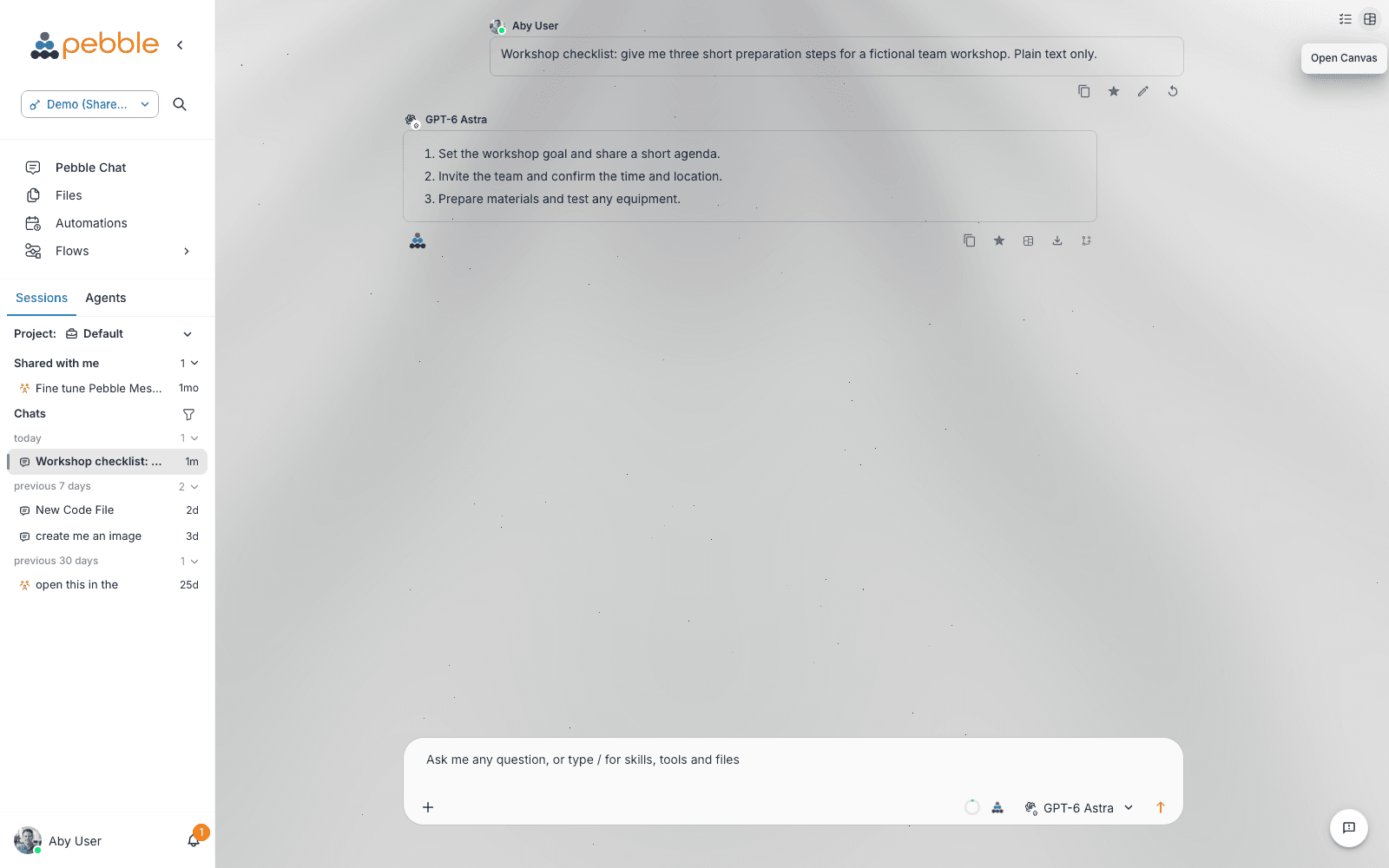 Pebble with the sidebar expanded and a workshop checklist conversation open