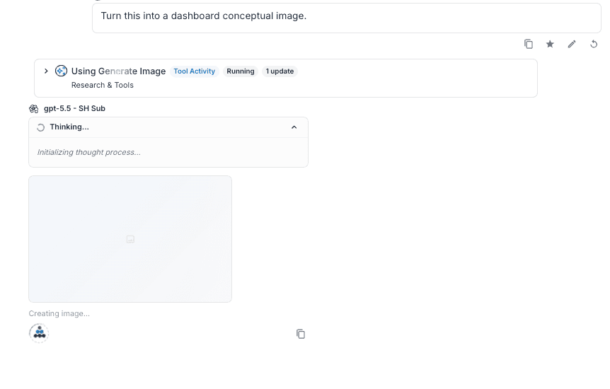 PebbleChat conversation showing the shimmering "Creating image…" placeholder card in an assistant reply, immediately after asking for an image