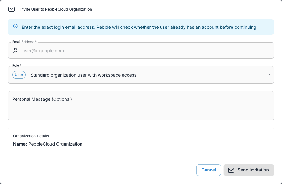Organisation invitation dialog