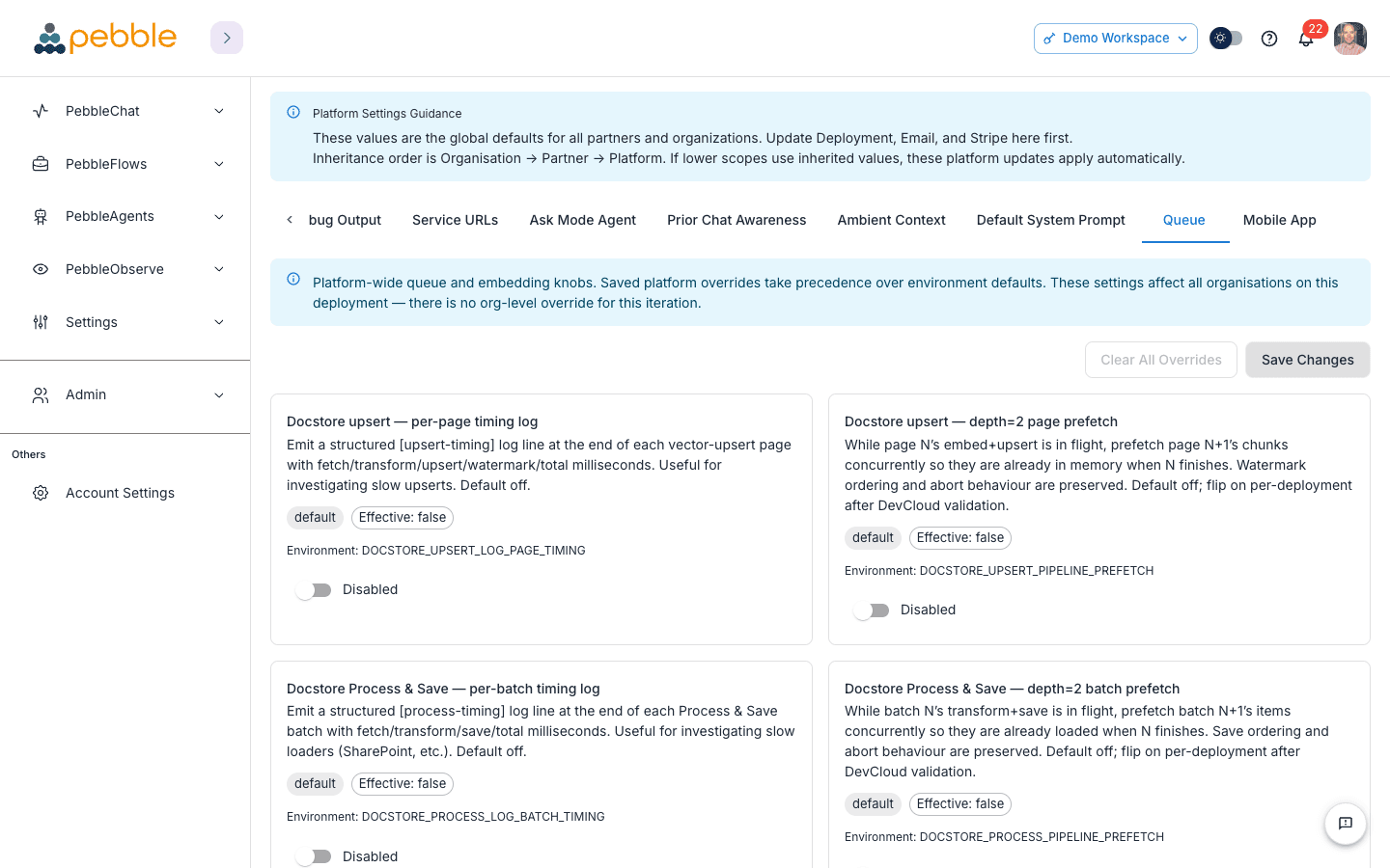 The Platform Admin Queue settings tab