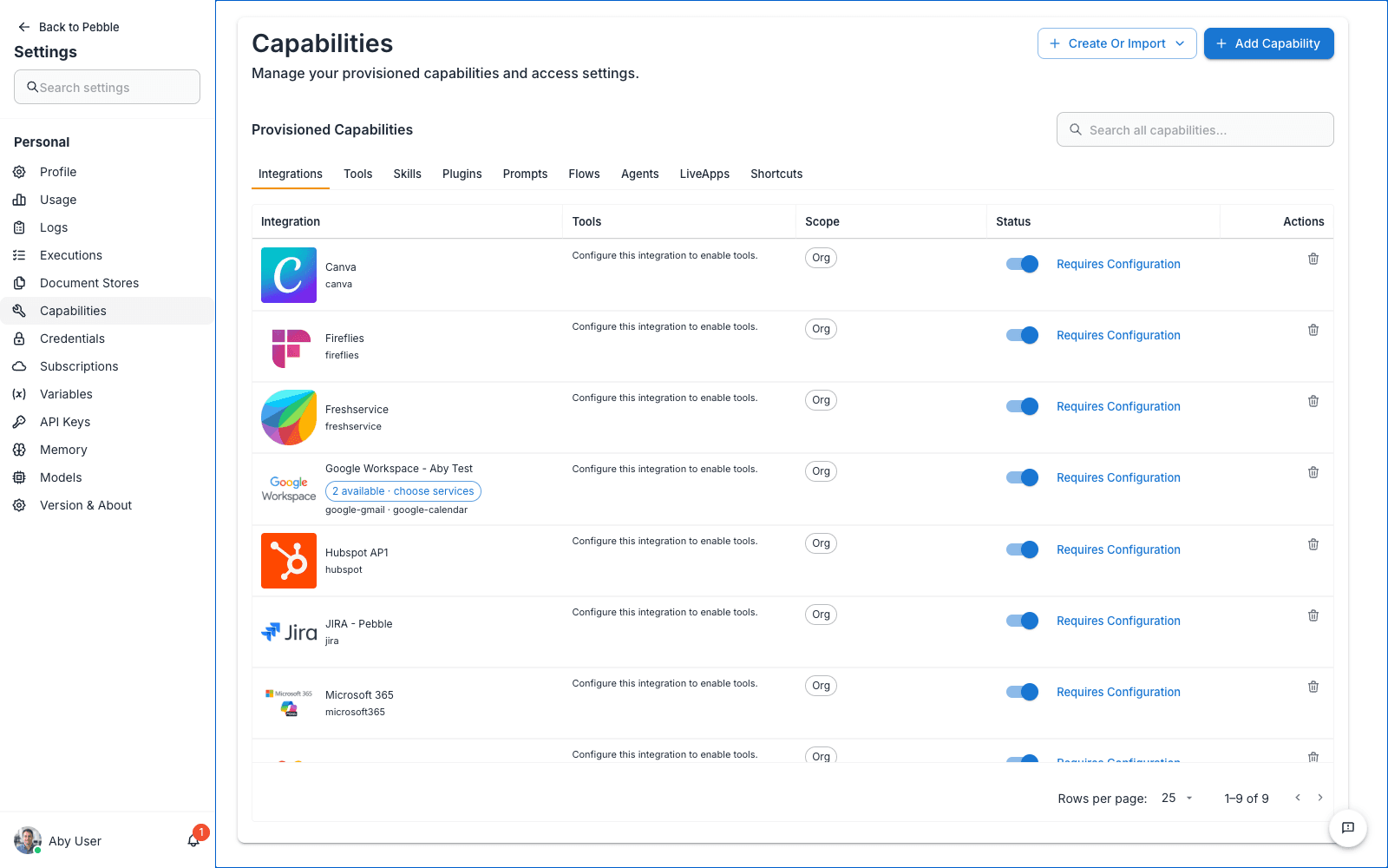 Settings sidebar