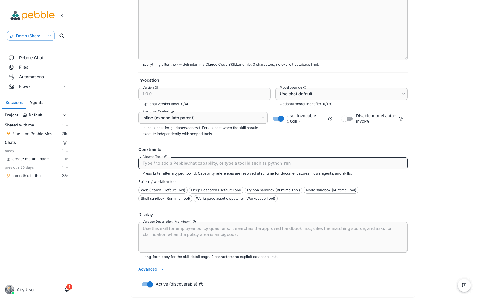 The New Skill editor scrolled to Constraints and Allowed Tools