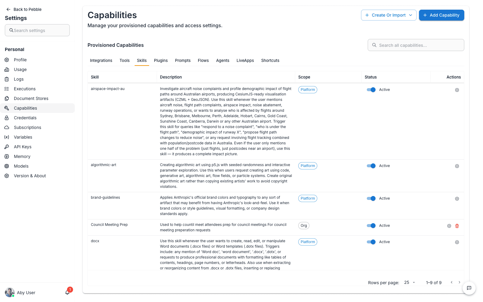 Skills management page
