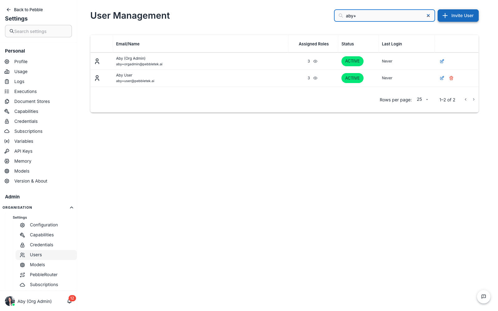 User Management page