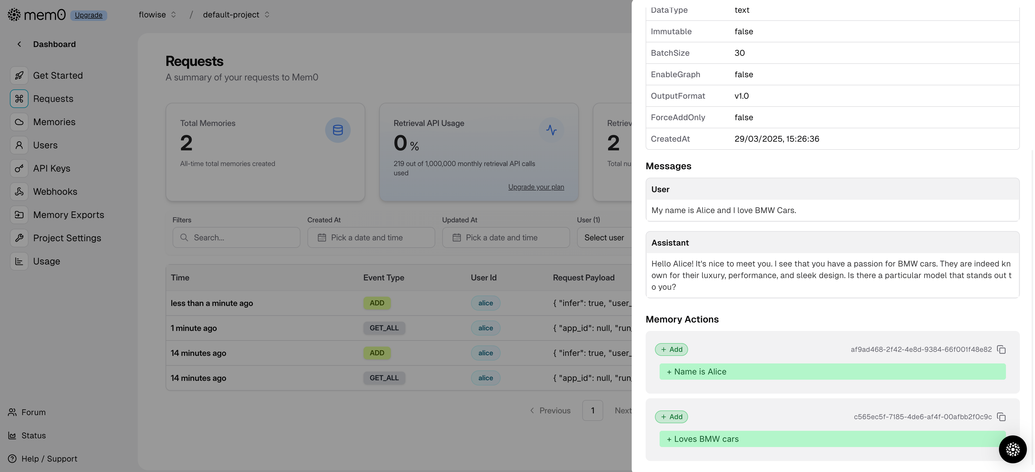 Mem0 Stored Memories