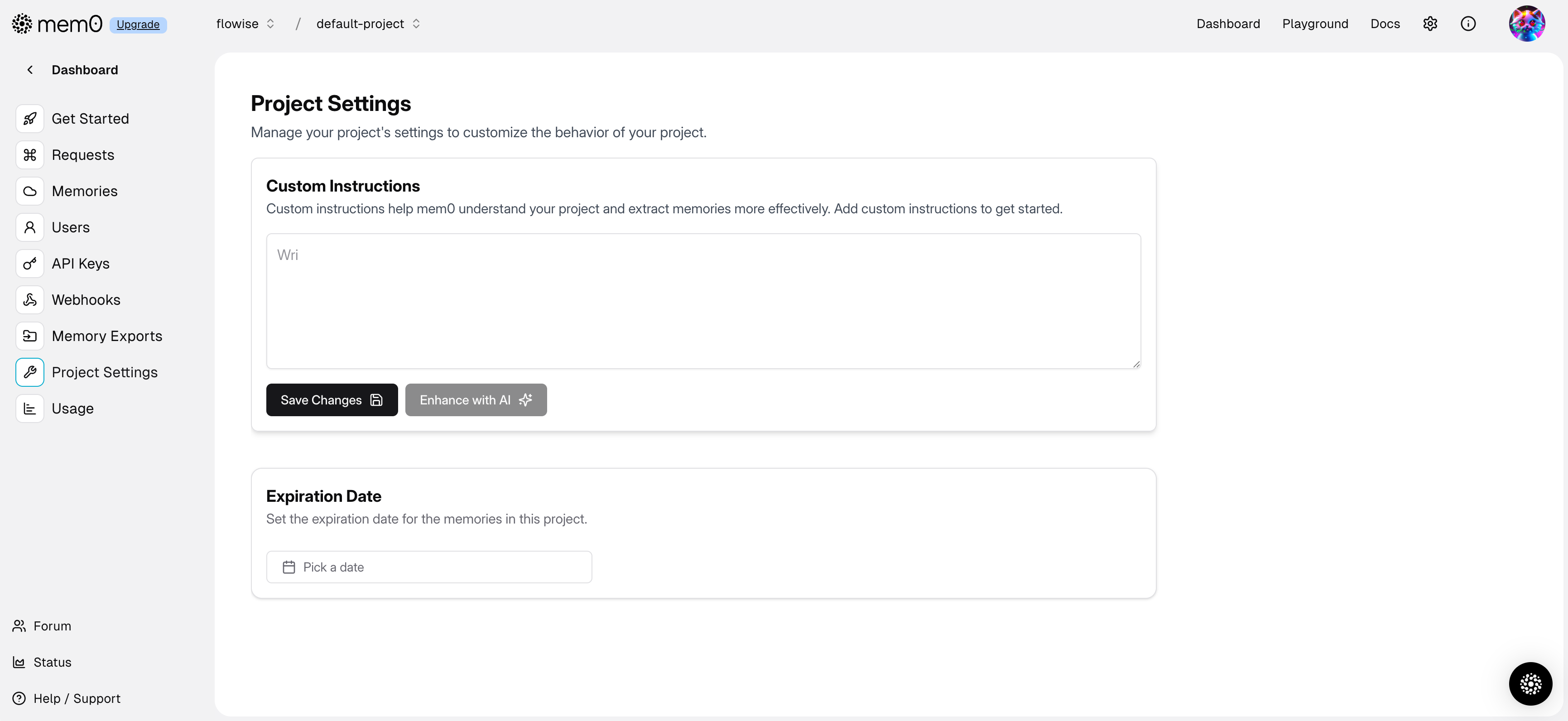 Mem0 Project Settings