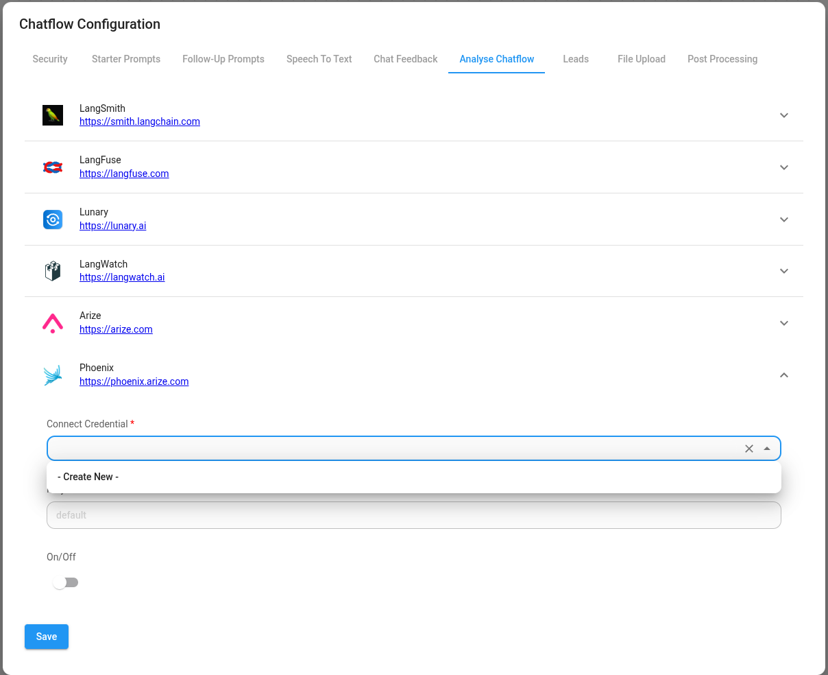 Screenshot of an analytics provider with credentials fields expanded